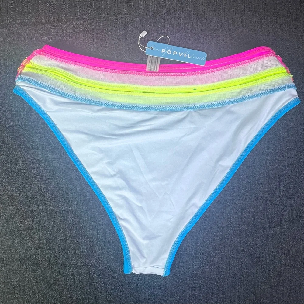 POPVIL Swim Bikini Bottom High Leg Waist Neon Turquoise Pink Yellow Med NEW NWT